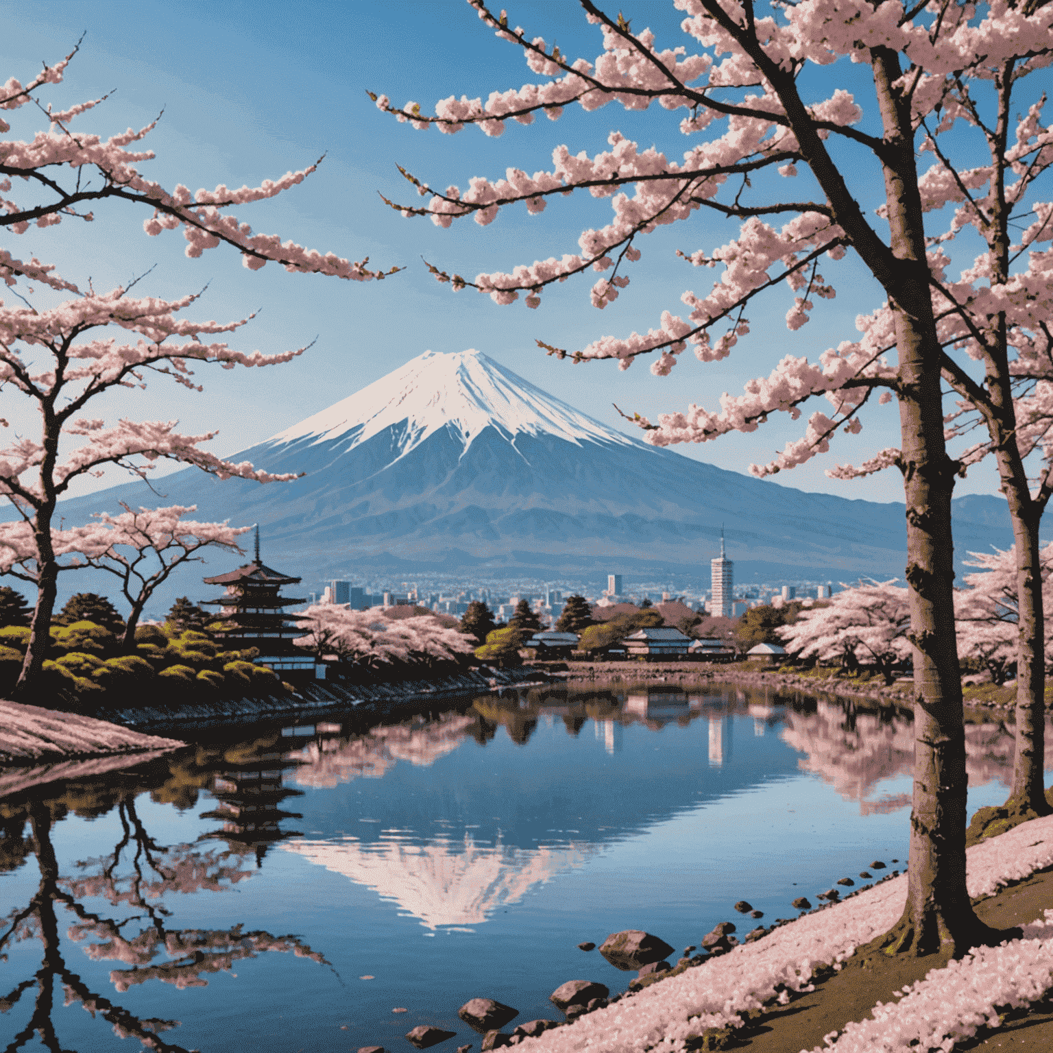 満開の桜並木と富士山の風景。ピンク色の桜の花びらが風に舞い、背景に雪をかぶった富士山がそびえ立つ。