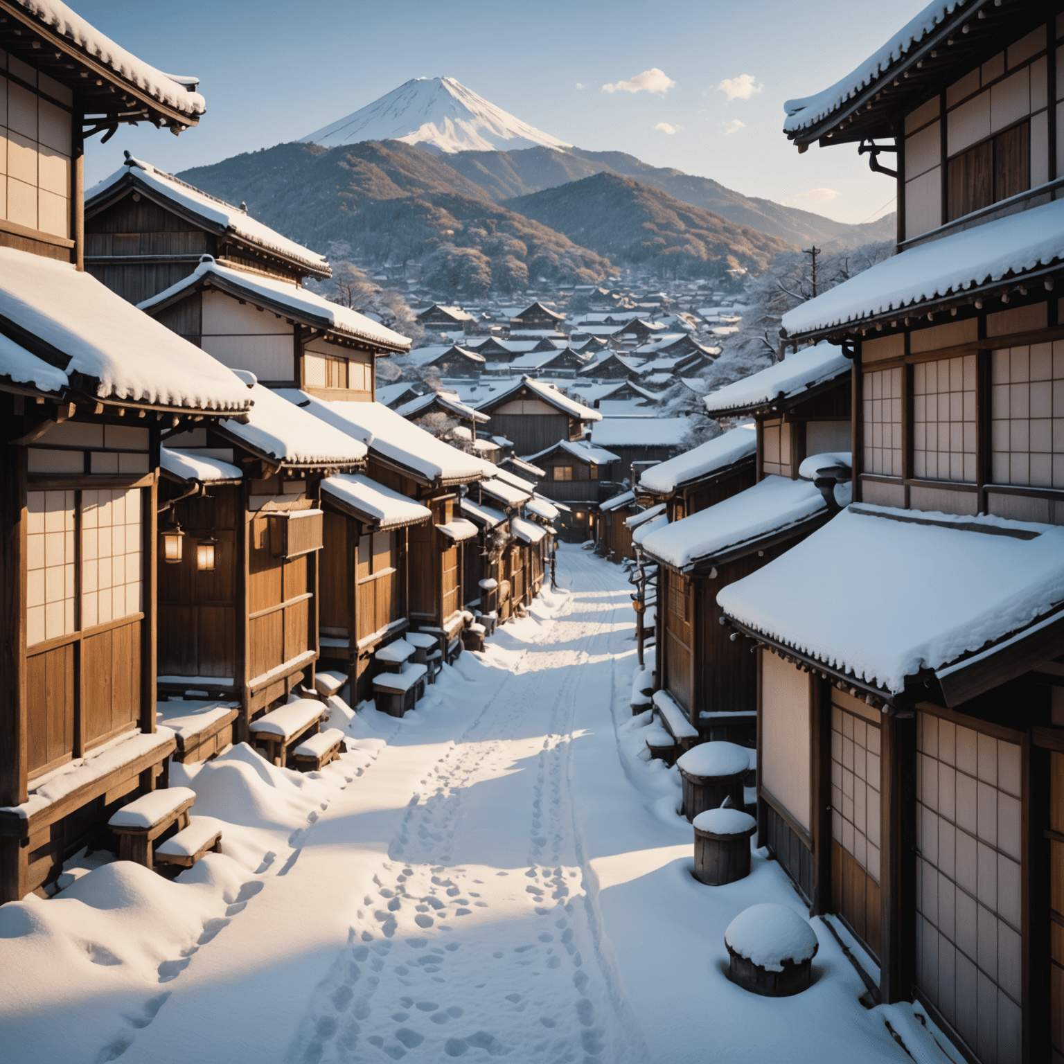 雪に覆われた古い日本の町並み。木造の家々の屋根に積もった雪、狭い路地に続く足跡。夕暮れ時の柔らかな光が雪景色を幻想的に照らしている。