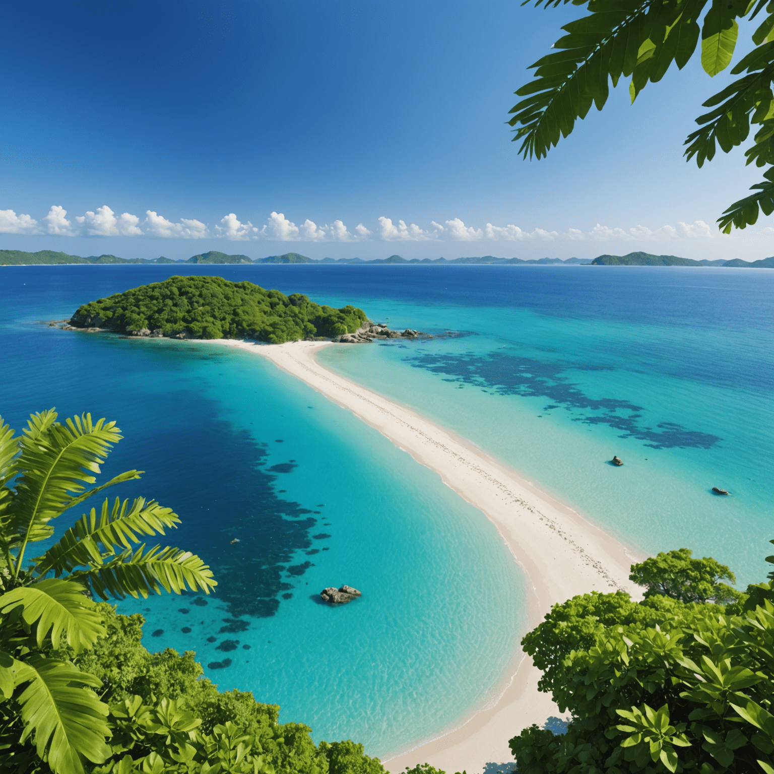 夏の青い海と白い砂浜。透明度の高い海水と、遠くに見える緑豊かな島々の風景。