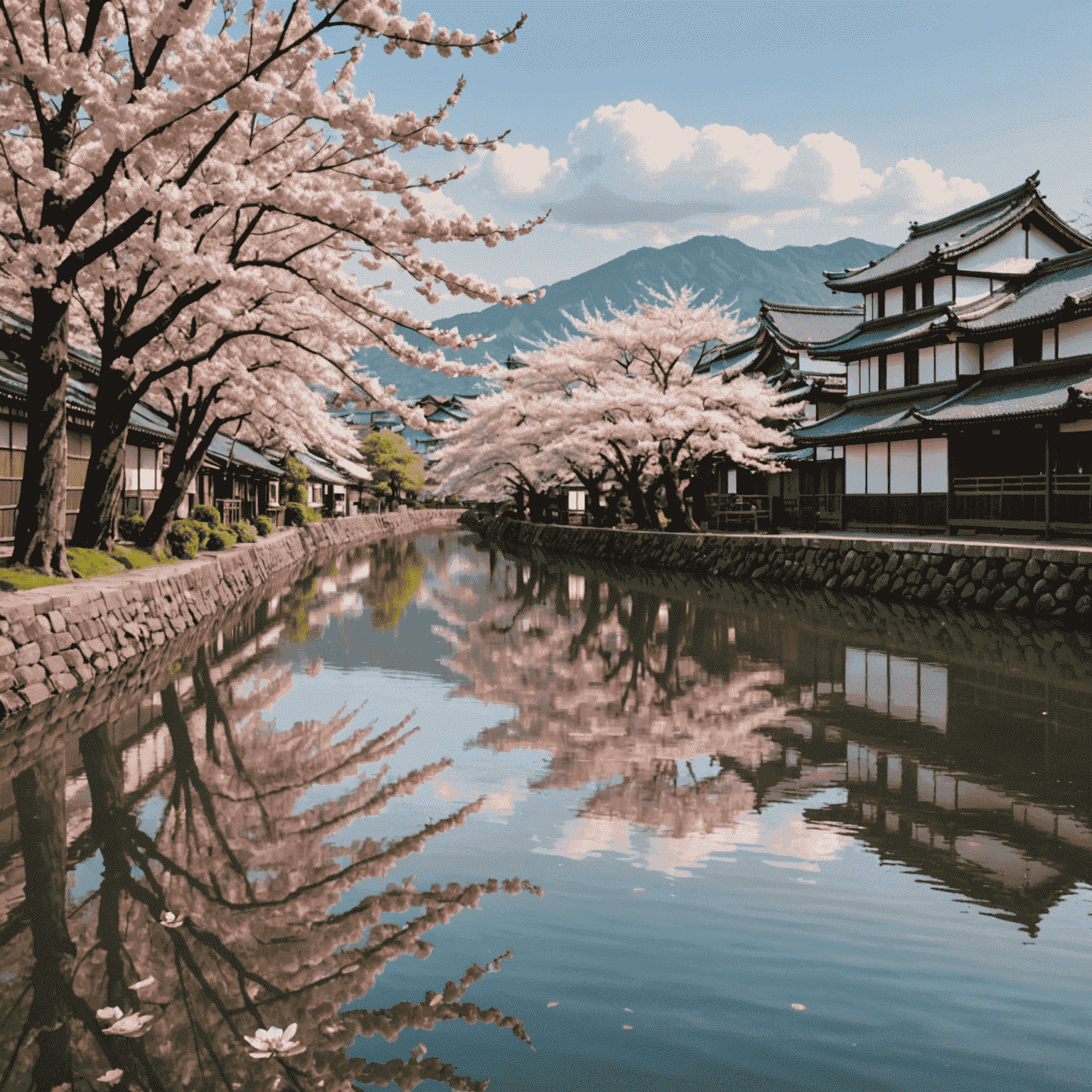 満開の桜並木。ピンク色の花びらが風に舞い、川面に映る桜の姿。背景には古い日本家屋が見える。