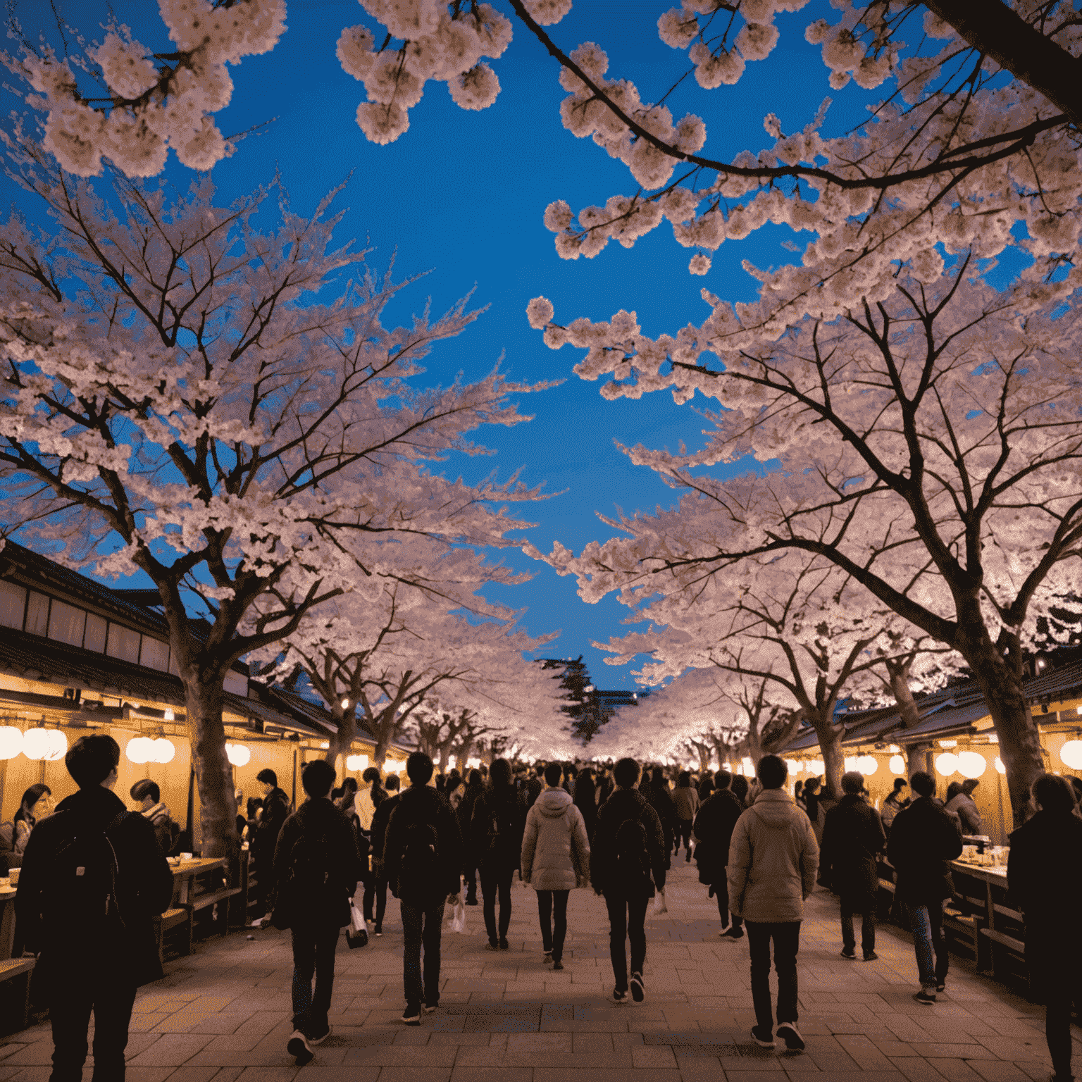 上野公園の桜。夕暮れ時にライトアップされた満開の桜並木と、その下で花見を楽しむ人々の様子。