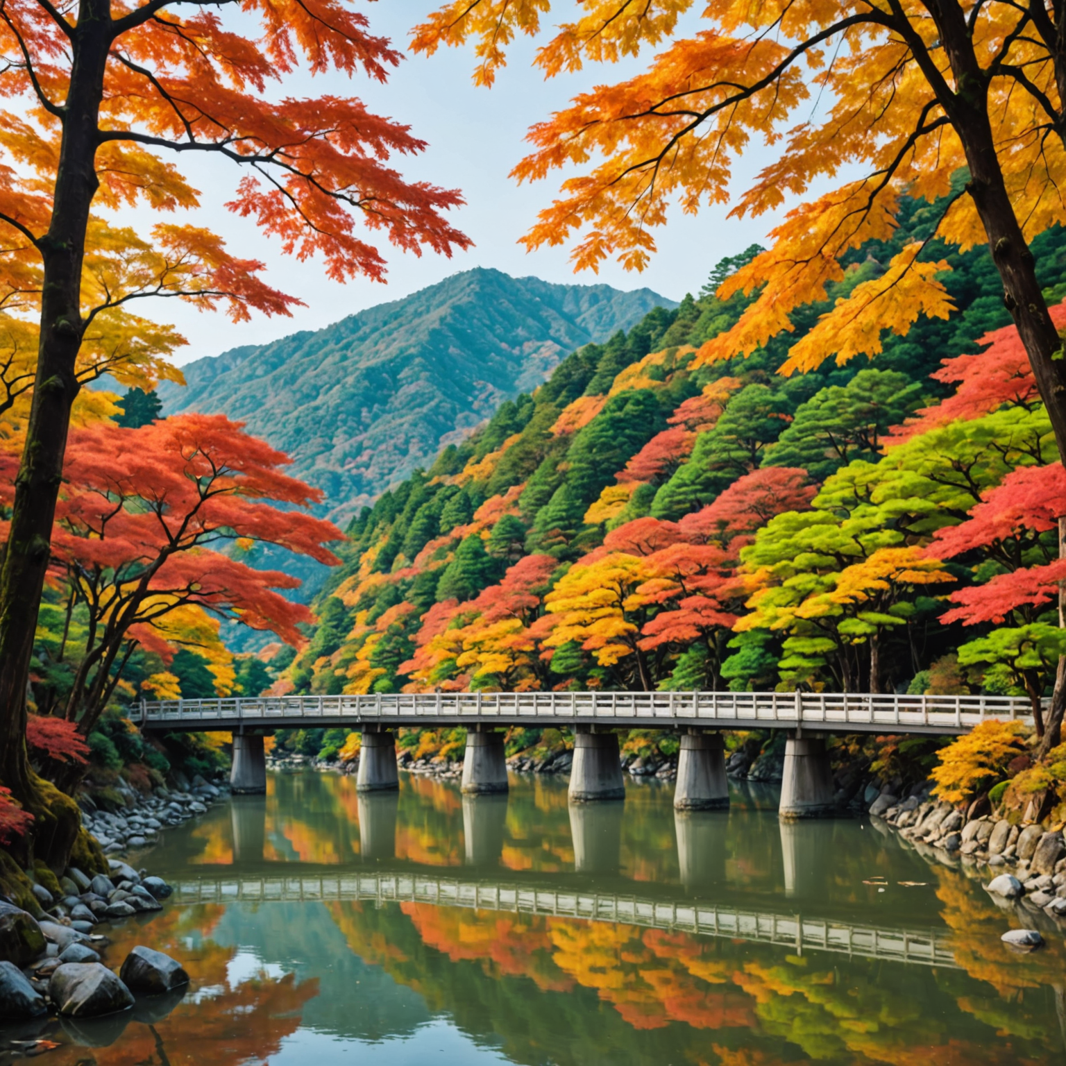 京都嵐山の紅葉。渡月橋と紅葉に彩られた山々が川面に映る美しい風景。