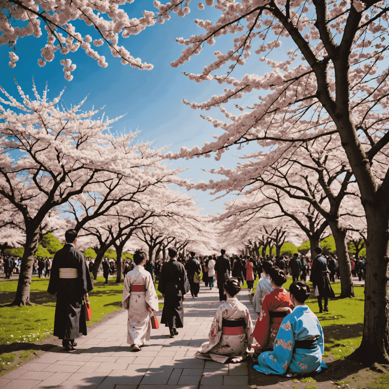 満開の桜の下で花見を楽しむ人々の様子。和服姿の人も見られる。