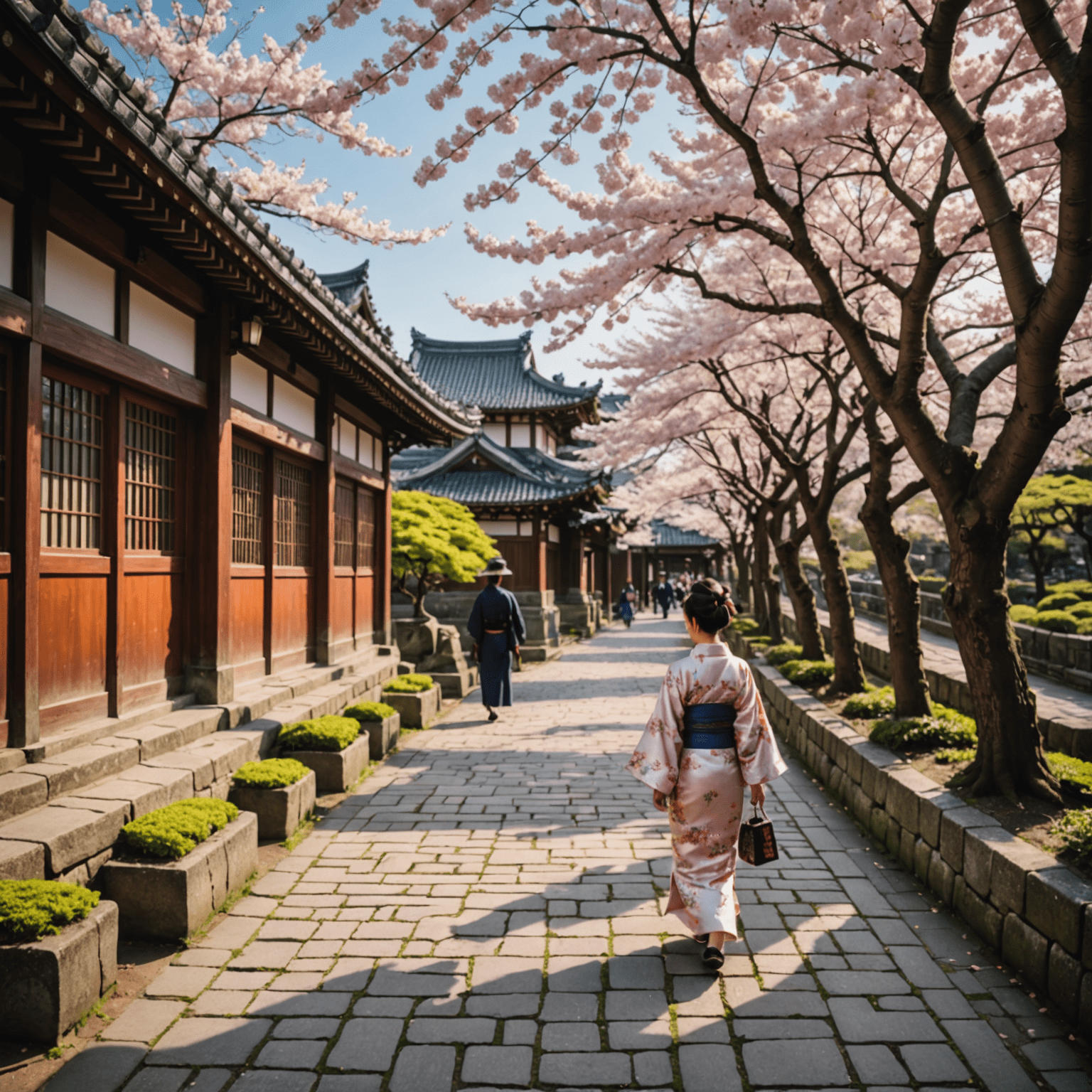 哲学の道の桜。石畳の小道の両側に満開の桜が咲き、遠くに古い寺院の屋根が見える。散歩を楽しむ着物姿の女性も写っている。