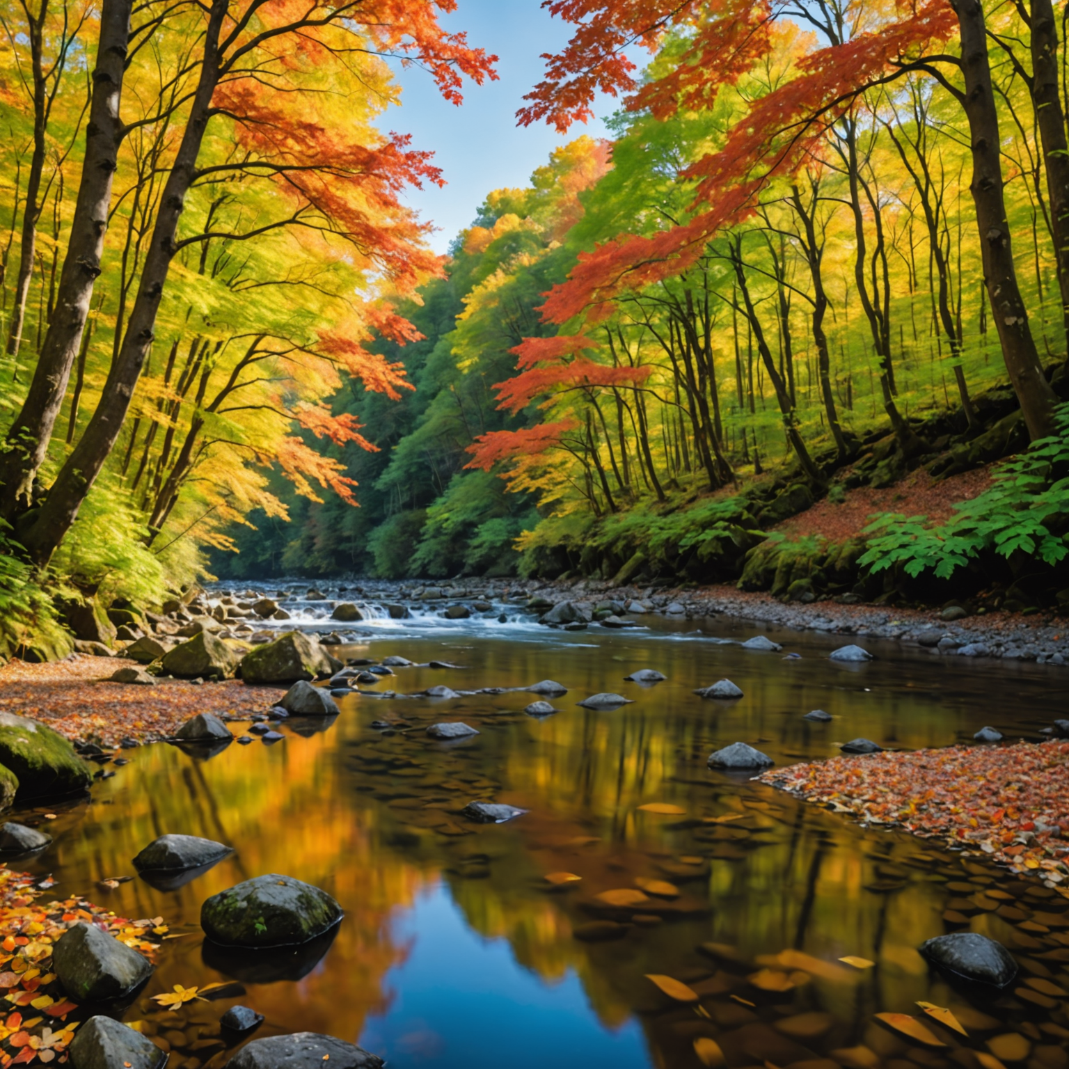 奥入瀬渓流の紅葉。清流と紅葉のコントラストが美しい渓谷の風景。