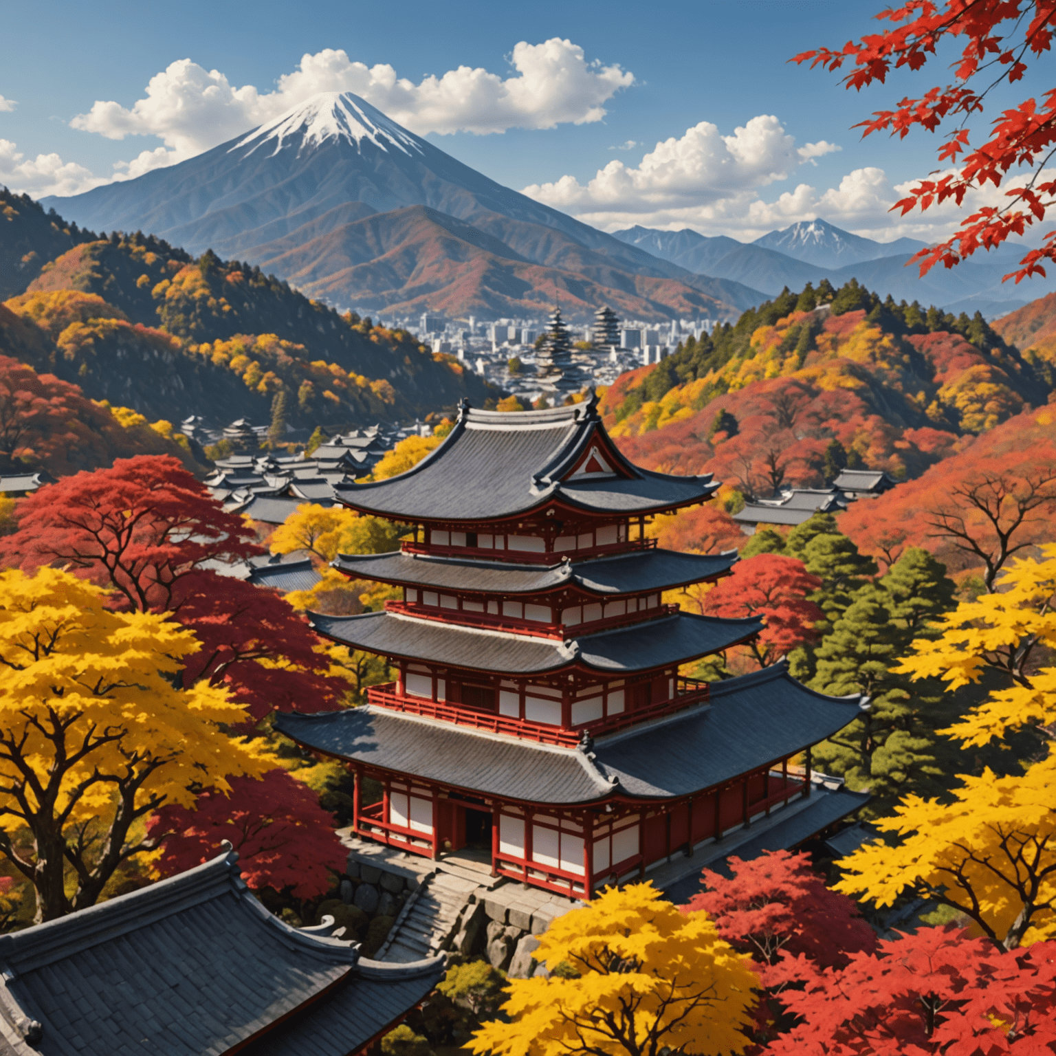 赤や黄色に色づいた紅葉の山々。遠くに日本の伝統的な寺院の屋根が見える。