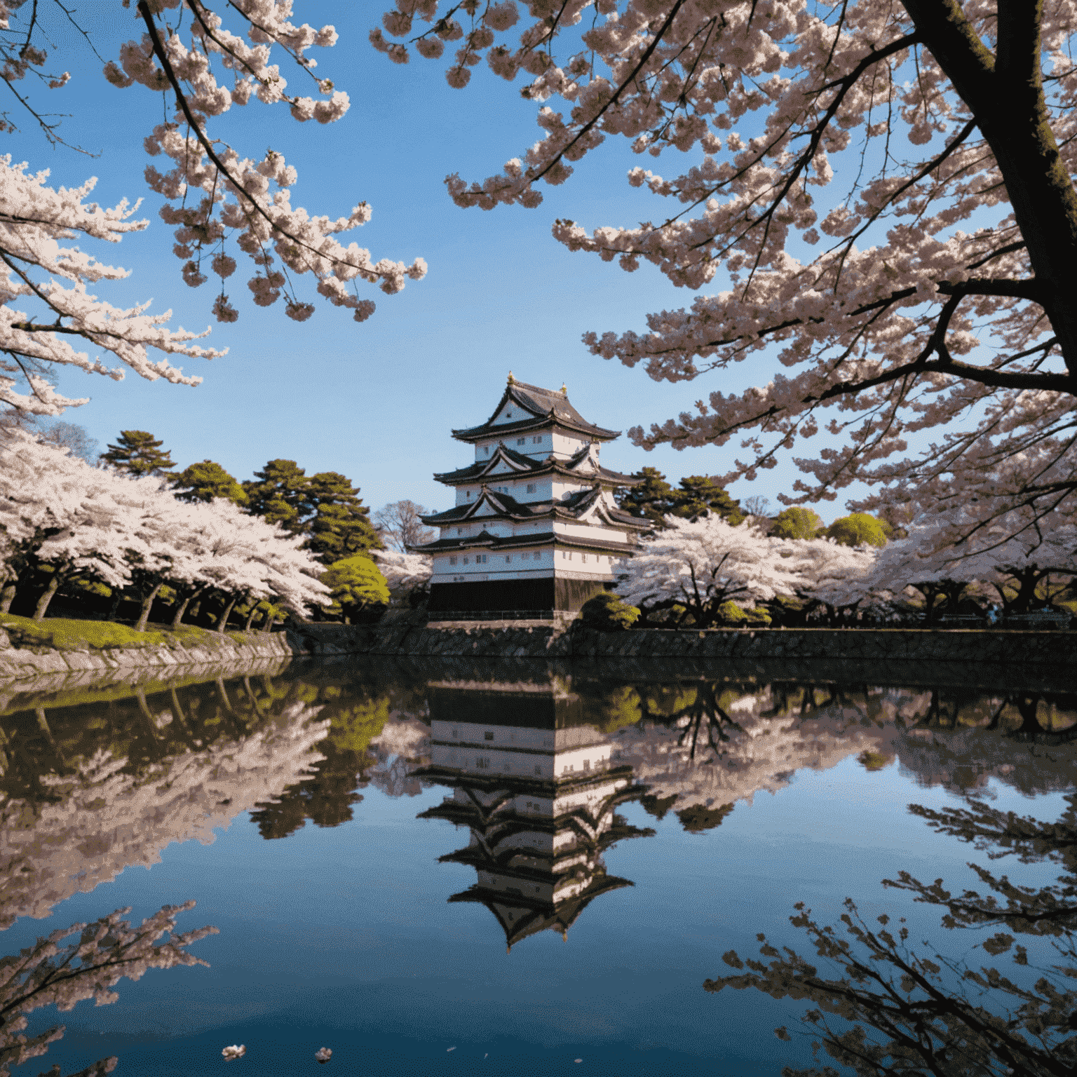 弘前公園の桜。弘前城を背景に、満開の桜が咲き誇る。お堀に映る桜の反射も美しい。