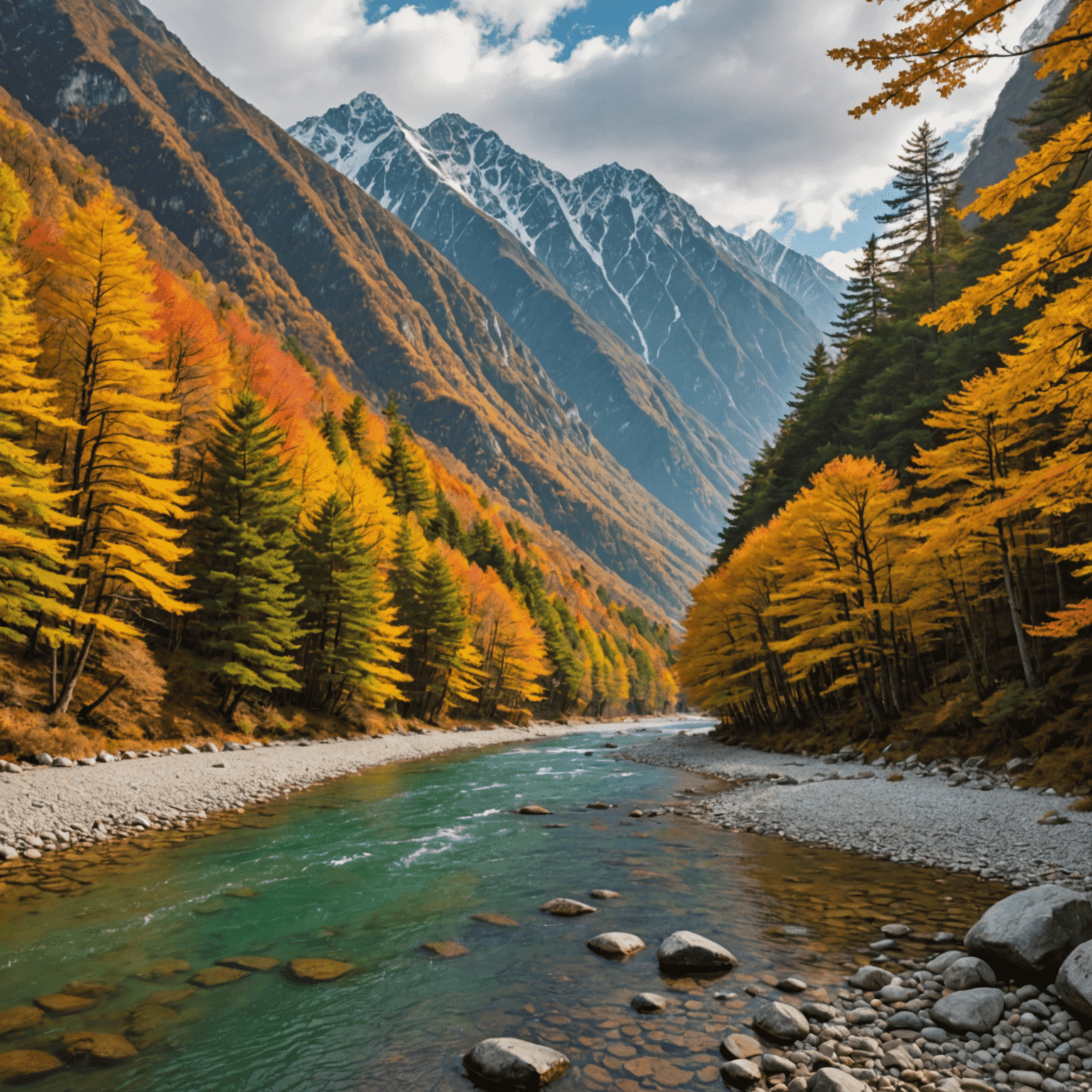 上高地の紅葉。雄大な北アルプスを背景に、黄金色に輝く カラマツ林と澄んだ川の風景。