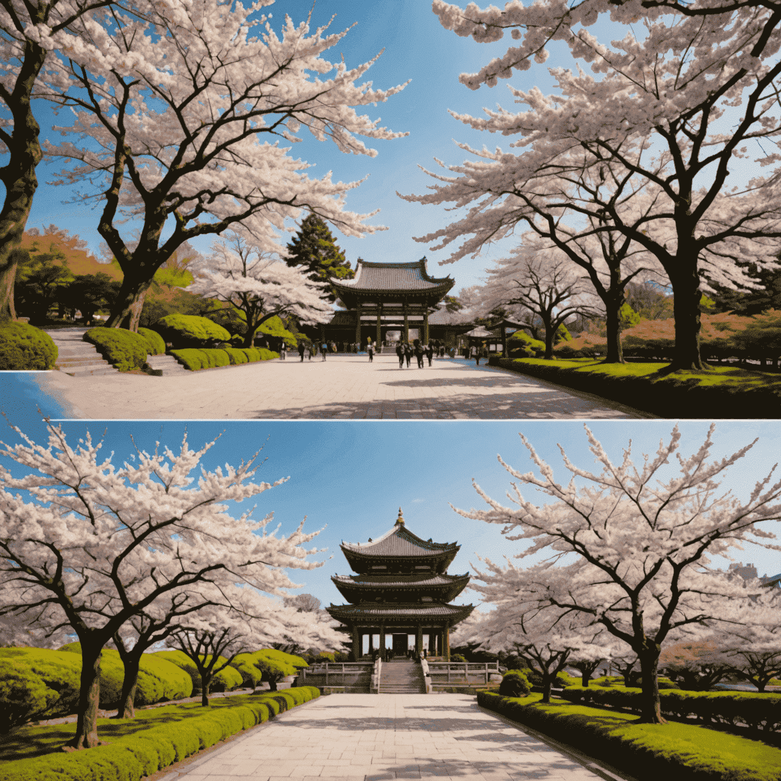 四季を表す4つの画像のコラージュ。春の花見、夏の花火大会、秋の収穫祭、冬の初詣の様子。