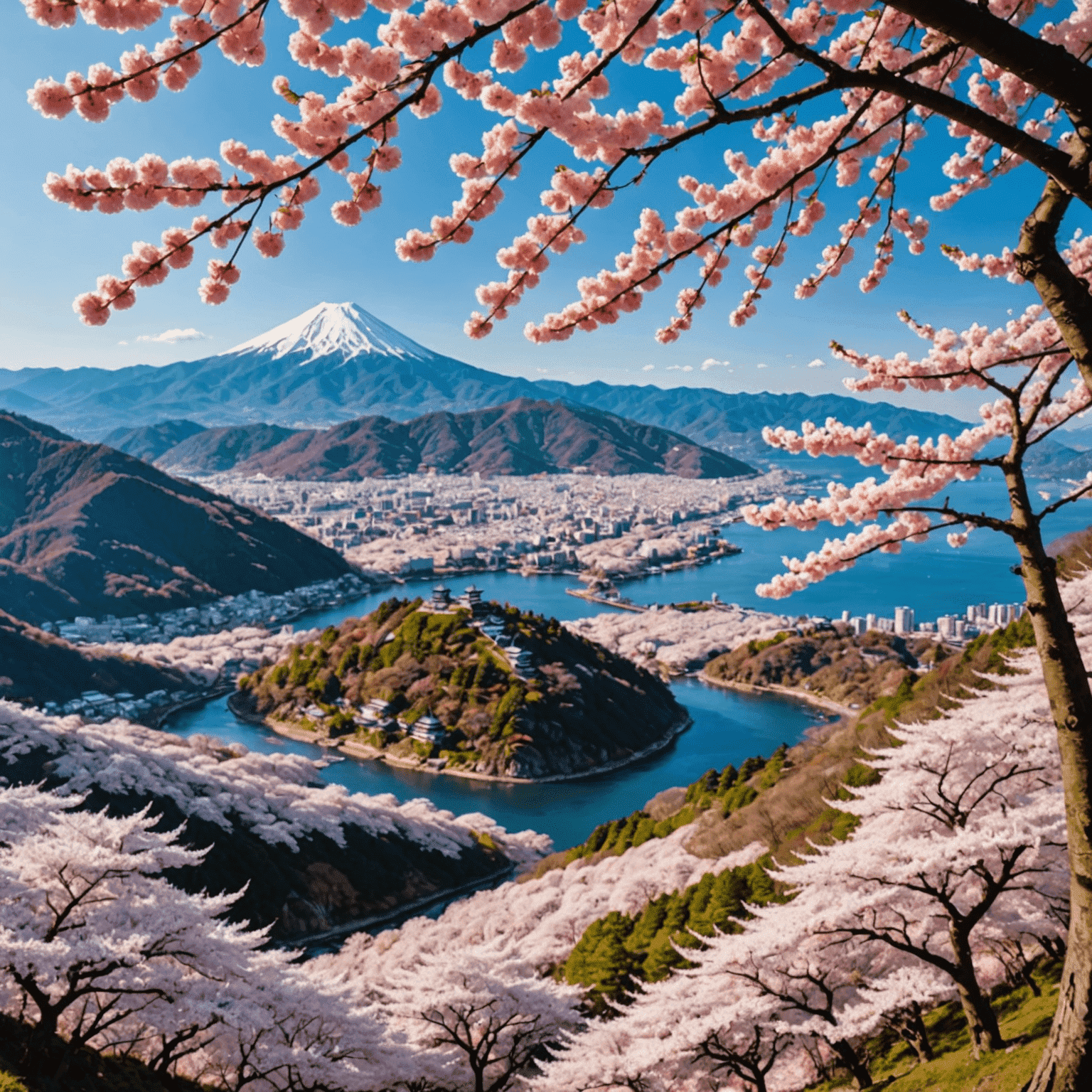 吉野山の千本桜。山全体がピンク色の桜に覆われ、遠くまで桜の海が広がる壮大な景色。