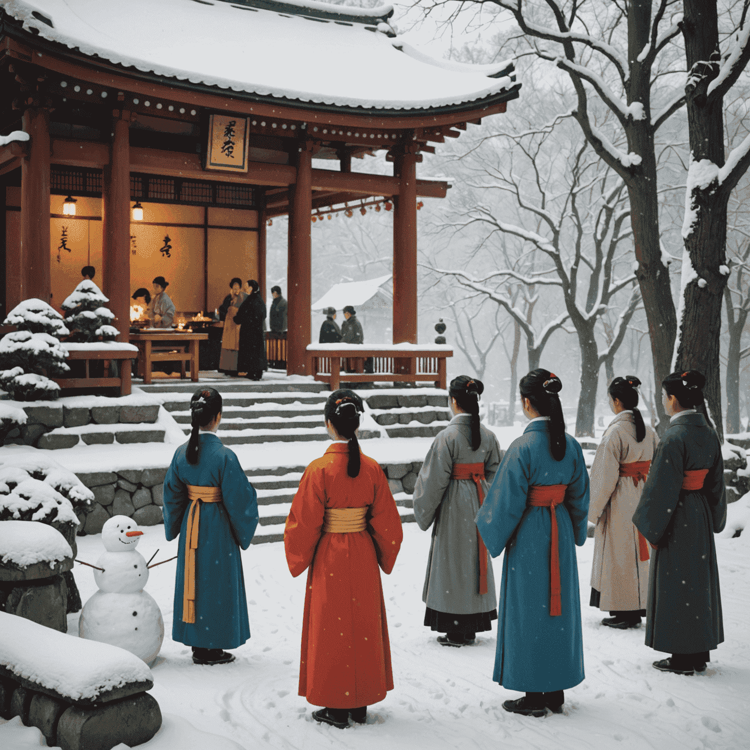 雪に覆われた神社での初詣の風景。参拝者や巫女、雪だるまなどが見える。