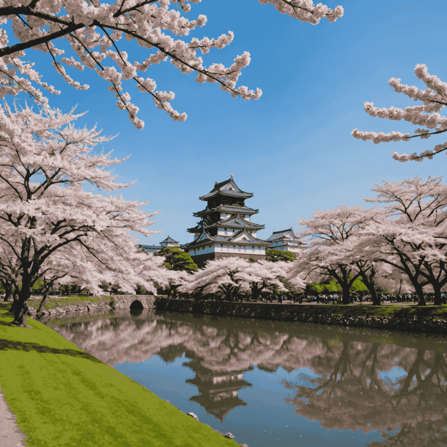 松前公園の桜。松前城を背景に、様々な種類の桜が咲き誇る。遅咲きの八重桜も見られる。